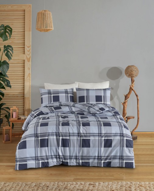 Picture of Manamo M&D Plaid საბნის პირი ბალიშის პირით ბამბის ლურჯი/ნაცრისფერი ორ საწოლიანი 200x220+50x70 სმ(2)