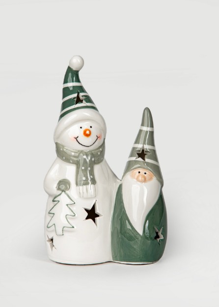 Picture of Manamo Snowman & Gnome Candle Holder Ceramic Cameo Green/White  11x6.6x18.2 cm
