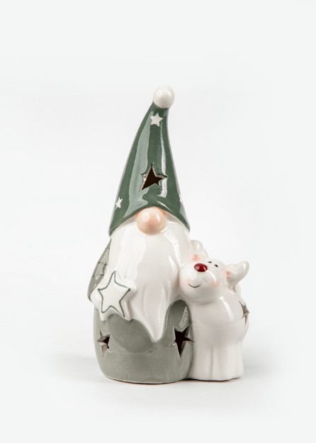 Picture of Manamo Gnomes With Deer Candle Holder Ceramic Cameo Green/White  9.8x7x17.5 cm