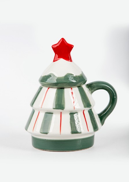 Picture of Manamo Pine Tree Cup With Lid Ceramic Red/Green  11.6x9.8x13.5 cm