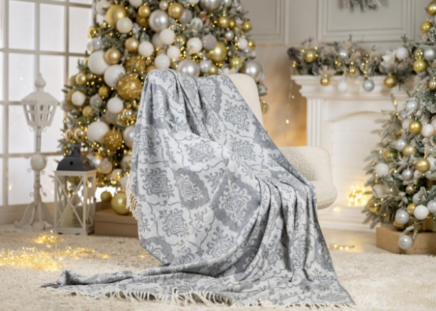 Picture of Manamo Damask Blanket Cotton/Acrylic Indigo/Silver 160x230 cm