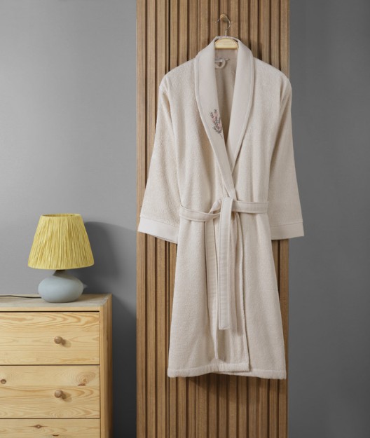 Picture of Manamo Tiny Rose Embroidered Bathrobe Cotton Linen S/M