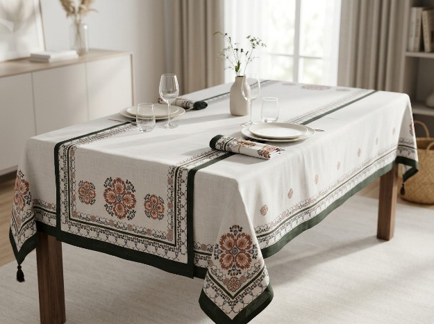 Picture of Manamo  Cross Stitch  მაგიდის სუფრა პოლიესტერის კრემისფერი დიჯიტალ პრინტით 140x250 სმ