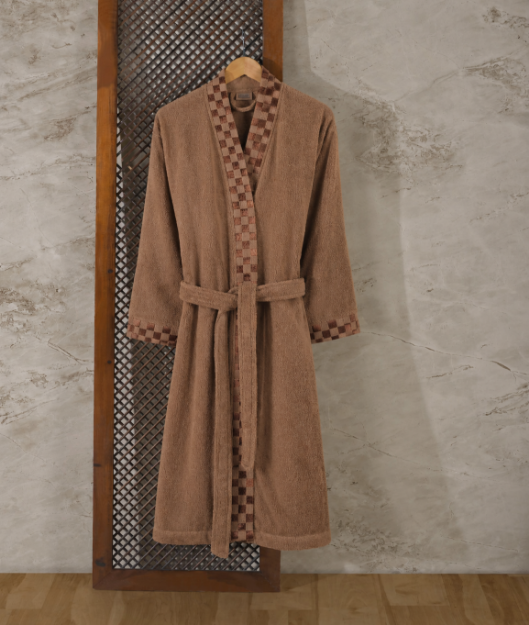 Picture of Manamo Checker  Bathrobe Microcotton Mocha S/M
