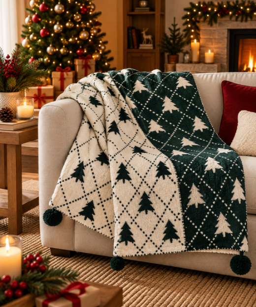 Picture of Manamo Pino Sofa Throw Polyester Jacquard Semi-Plush With Pom-poms Green 130X150+4X10 CM
